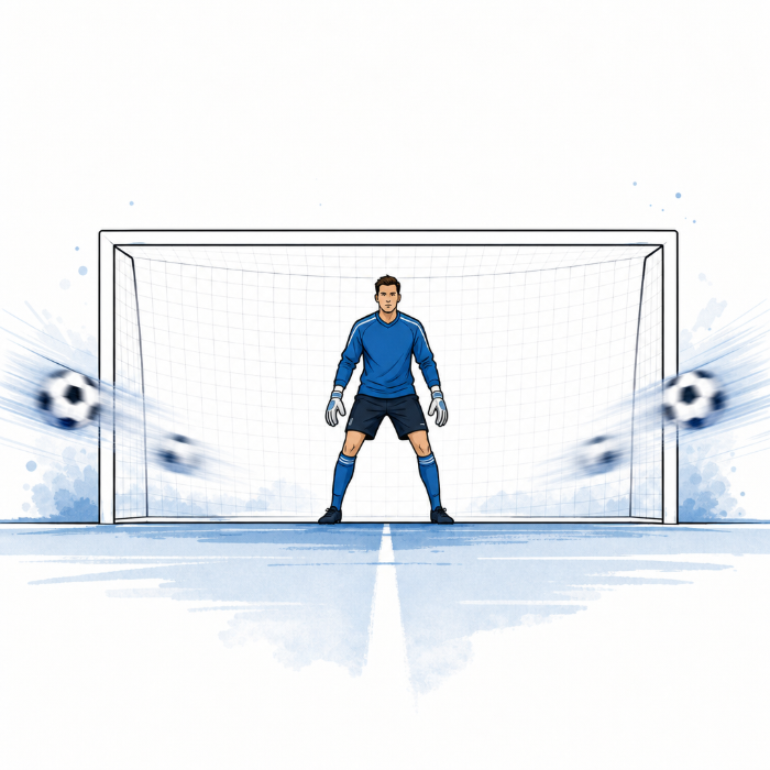 A goalkeeper stands confidently in the center of the goal, symbolizing patience, preparation, and disciplined decision-making during uncertain conditions.