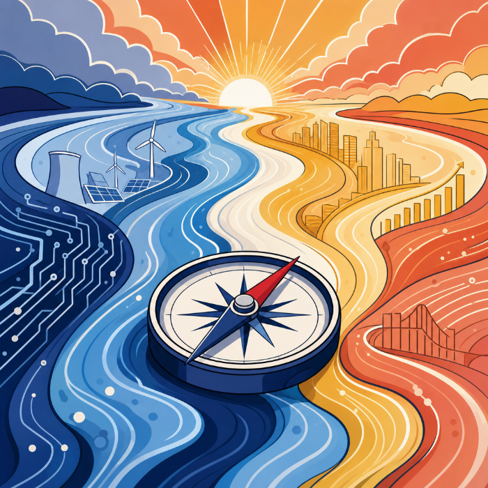 Compass navigating colorful economic currents flowing toward a sunrise, symbolizing disciplined investing during the AI-driven transformation of markets and the economy.