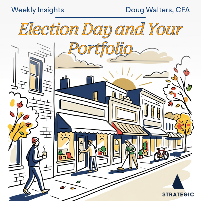 Early morning in an American neighborhood, with local businesses opening under warm autumn light, conveying a calm sense of everyday life continuing after Election Day.