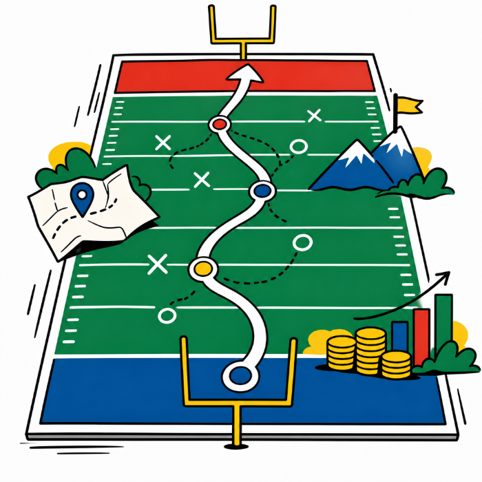 Editorial illustration of a football field transformed into a strategic roadmap, representing financial planning, goal setting, risk management, and long-term success.