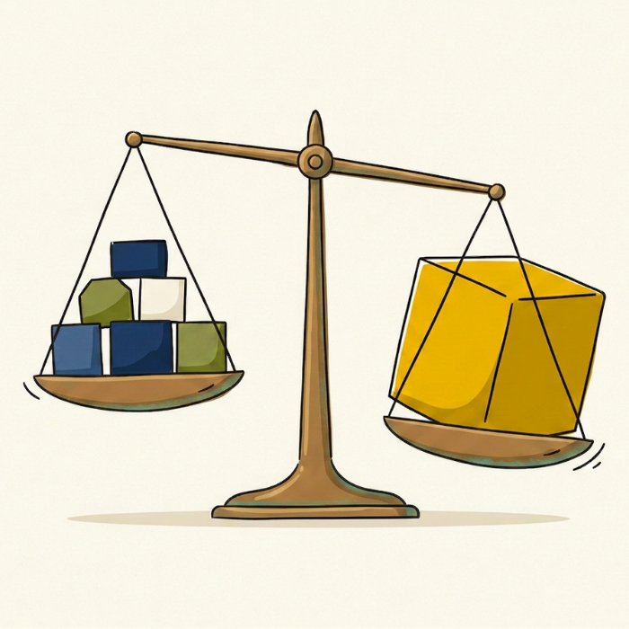 Illustration of a balance scale tipped by one oversized gold cube versus several smaller blocks, representing portfolio concentration risk and the need for rebalancing.