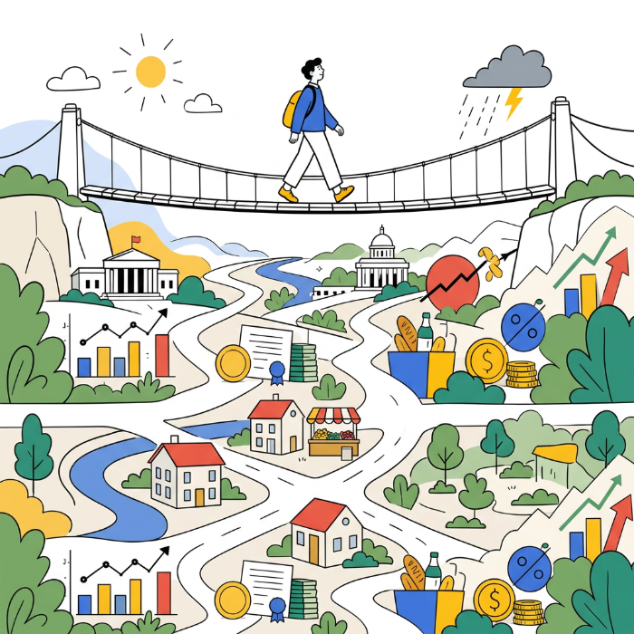 Editorial illustration of an investor crossing a stable bridge above economic and market symbols, representing discipline and diversification amid uncertainty.