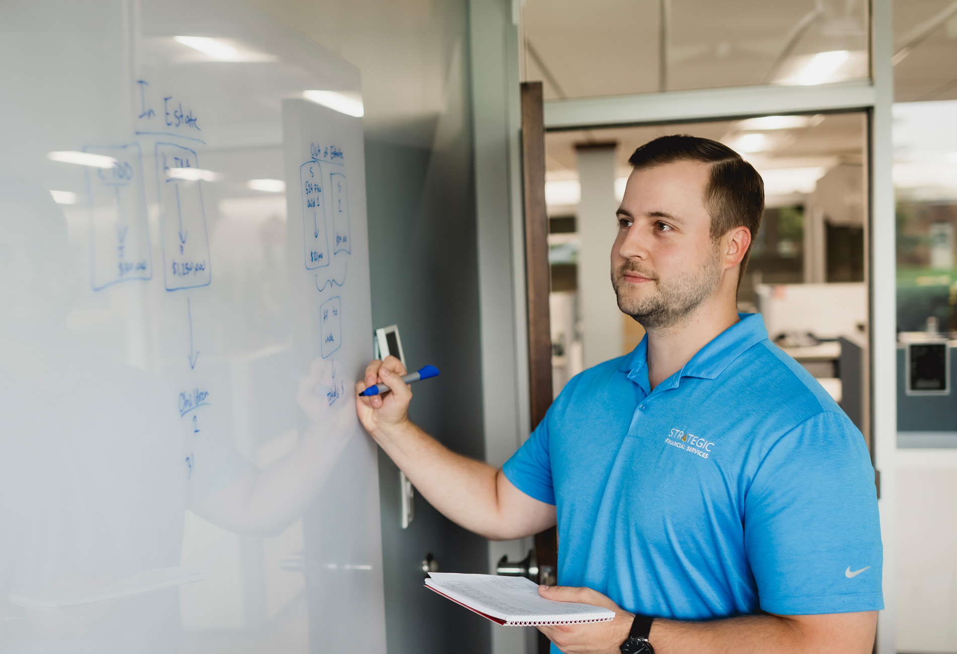 Justin Hearty, CFP, Financial Planning Specialist: A man with short brown hair wearing a blue golf polo and writing on a whiteboard.